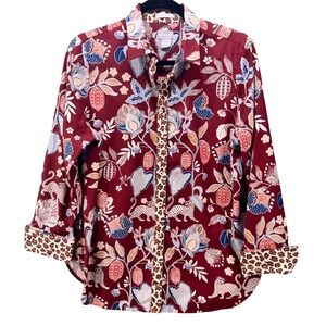 Chicos Button Up Floral Blouse‎ Maroon Red Medium Or 1